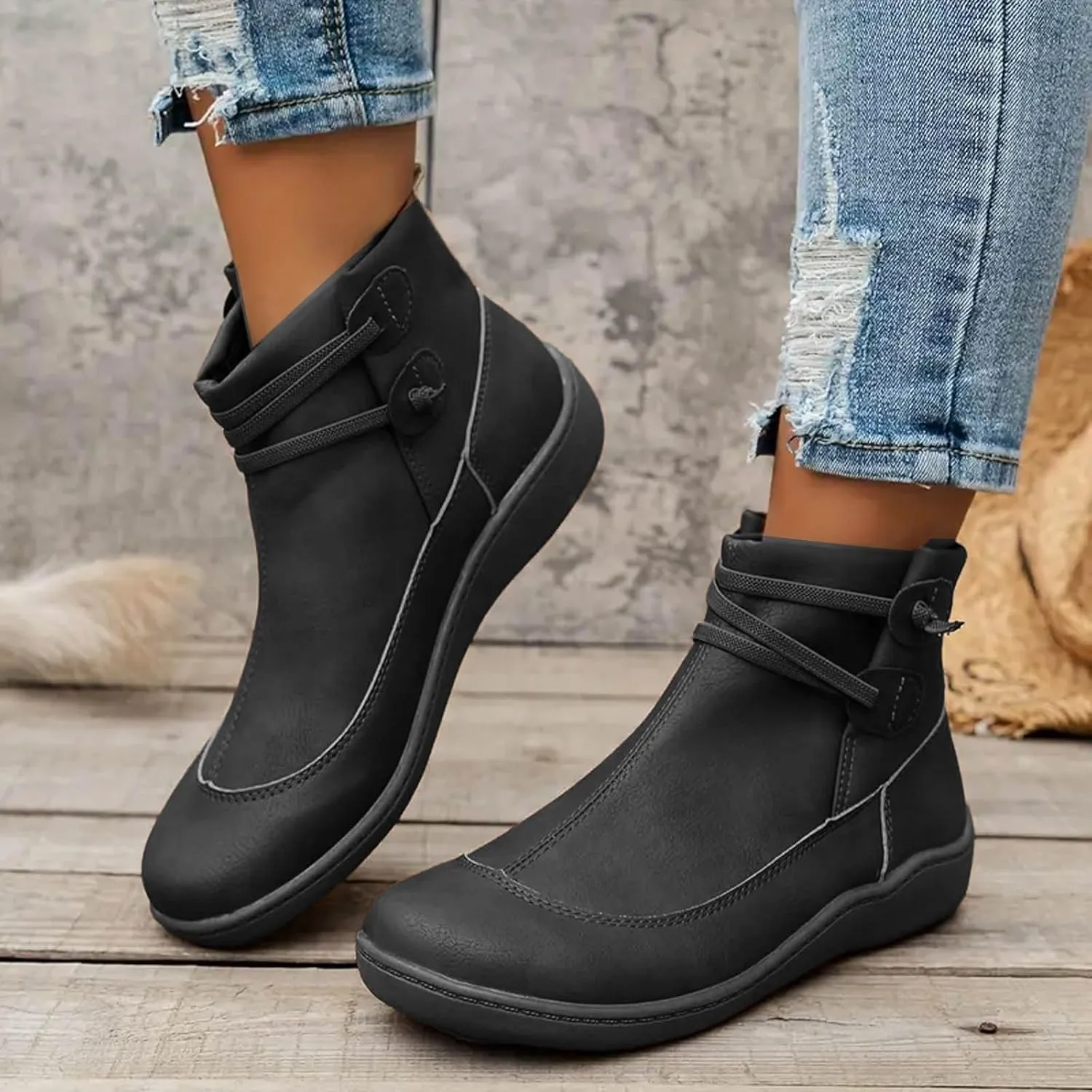 Ankle Boots for Women, Comfortable Casual Round Toe Lace-Up Damping Flat Boots Vintage Waterproof Walking Fall Boots