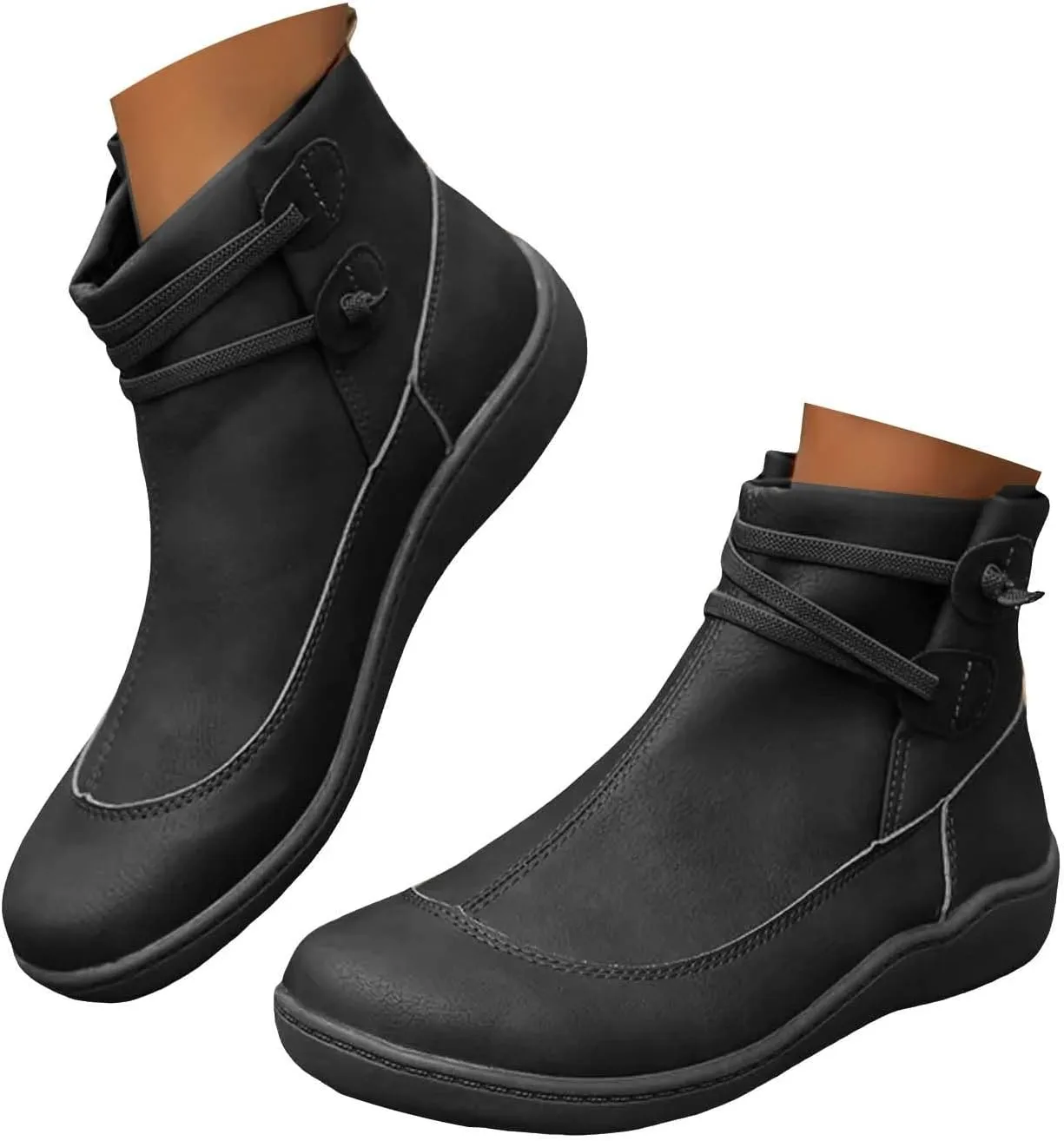 Ankle Boots for Women, Comfortable Casual Round Toe Lace-Up Damping Flat Boots Vintage Waterproof Walking Fall Boots