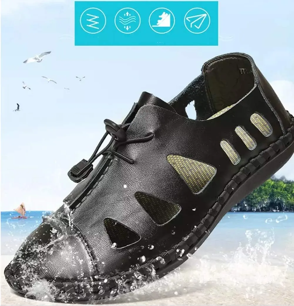 Asifn Men's Hiking Leather Sandals Male Summer Fisherman Hollow Breathable Water Shoes
