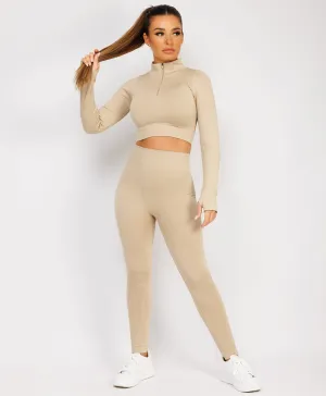 Beige Half Zipped Neck Ribbed Activewear Set
