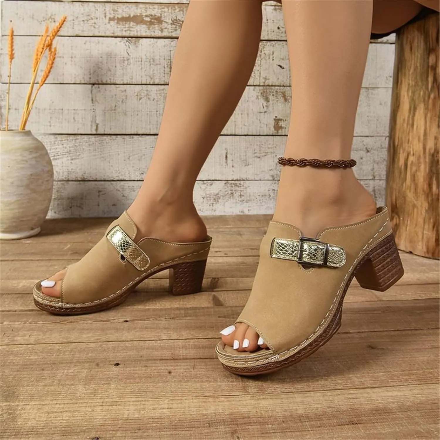 Block Heel Sandals for Women Summer Casual Fish Mouth Slip On Arch Support Sandals 2025 Dressy Ankle Strap Slippers Beach Shoes