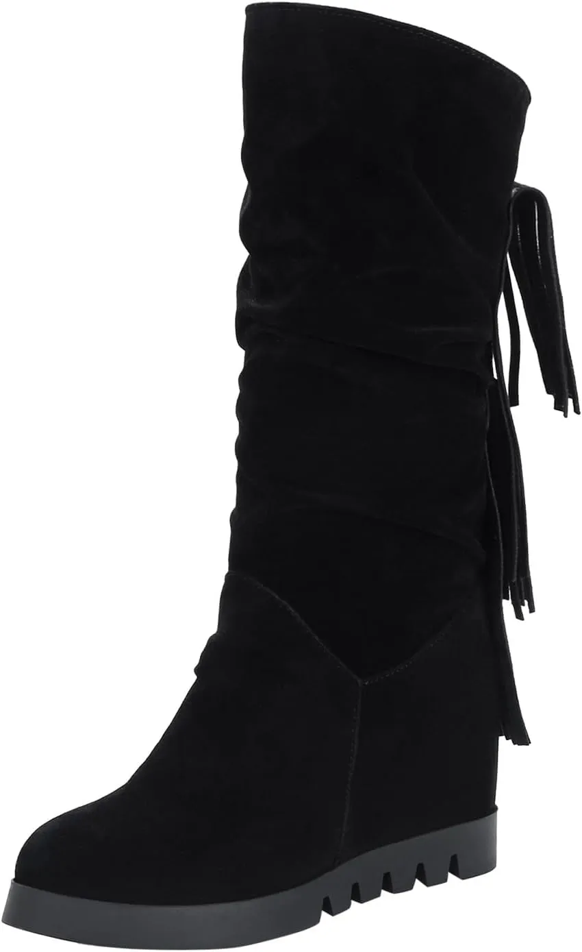 Boots for Women Solid Color Pleated Soft Comfortable Womens Boots Round Toe Thick Sole Anti-slip Suede Boots