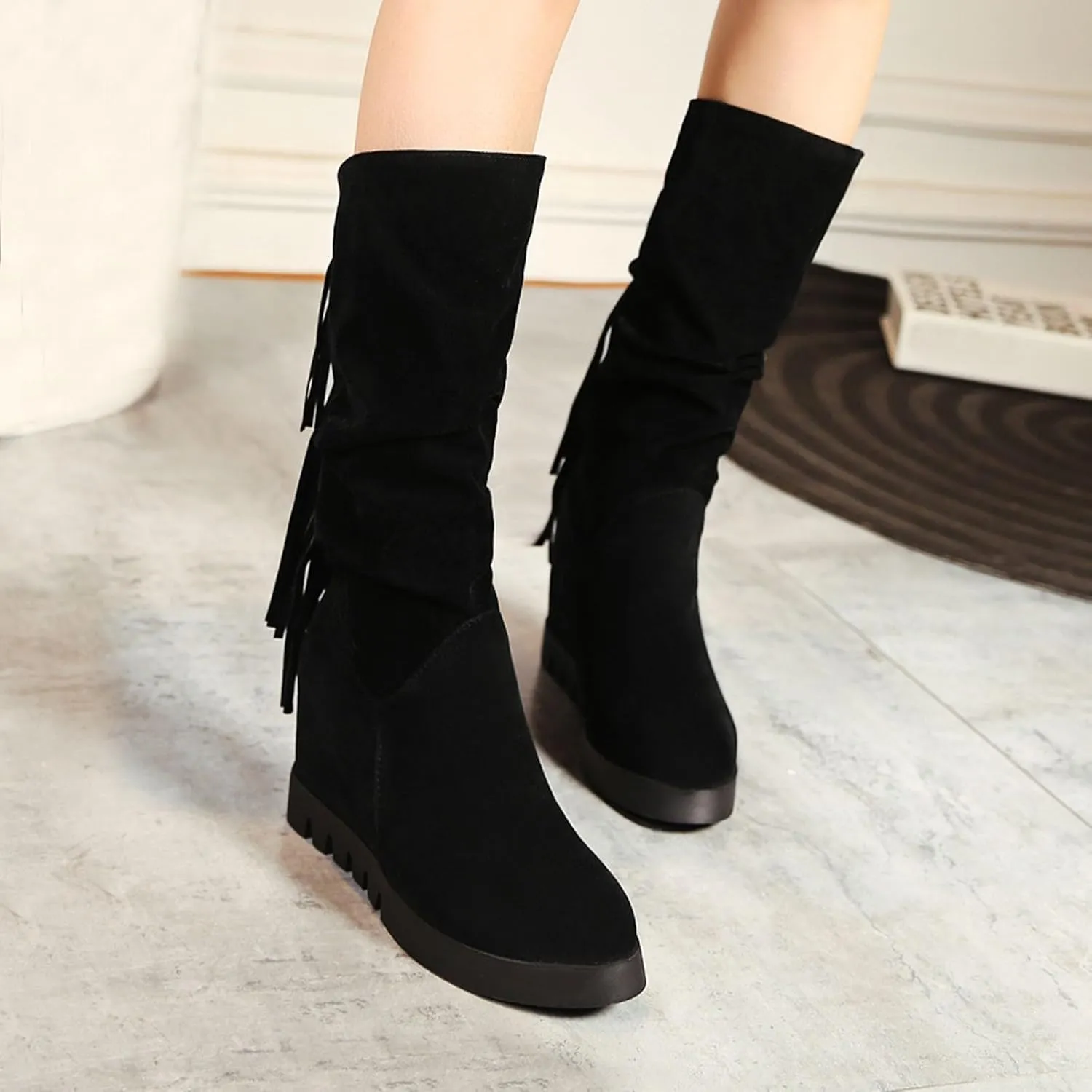 Boots for Women Solid Color Pleated Soft Comfortable Womens Boots Round Toe Thick Sole Anti-slip Suede Boots