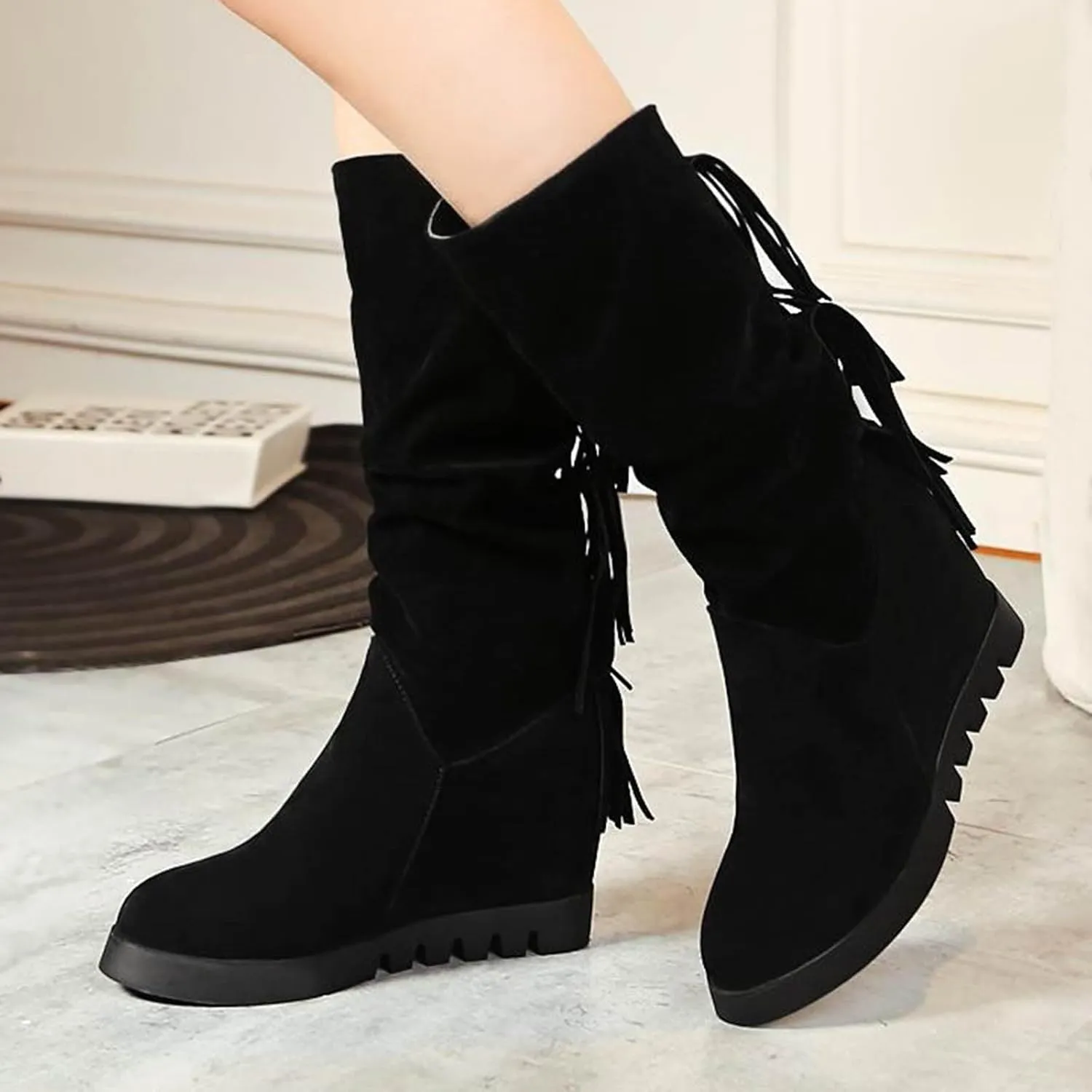 Boots for Women Solid Color Pleated Soft Comfortable Womens Boots Round Toe Thick Sole Anti-slip Suede Boots