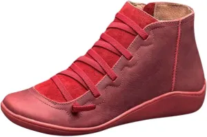 Cathalem Ankle Boots for Women 2024 New Arch Support Boots Fashion Lace Up Side Zipper Vintage Retro Ankle Booties, Comfortable Slip On Flat Low Heel Boots Fall Boots
