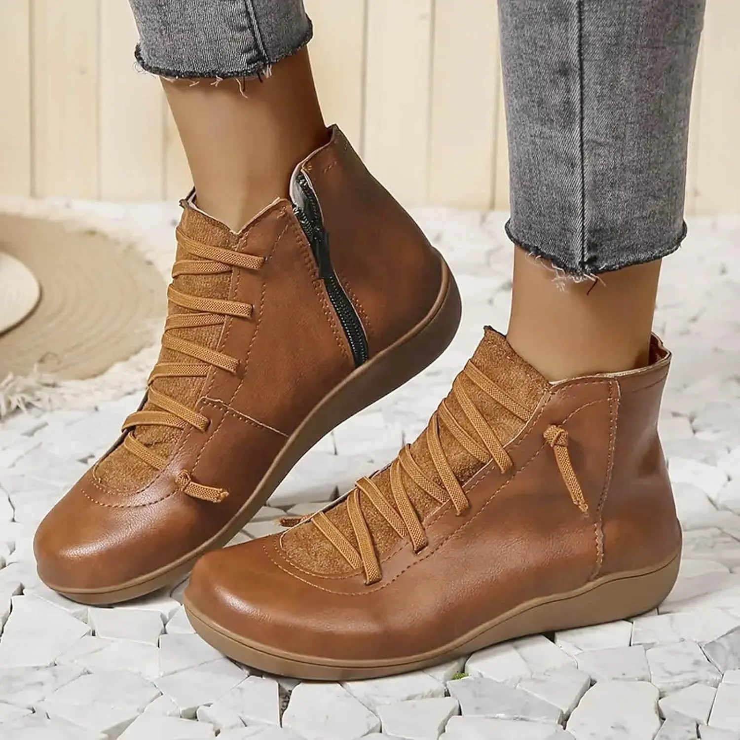 Cathalem Ankle Boots for Women Premium Orthopedic Boots Arch Support Leather Comfortable Side Zip Wedge Booties