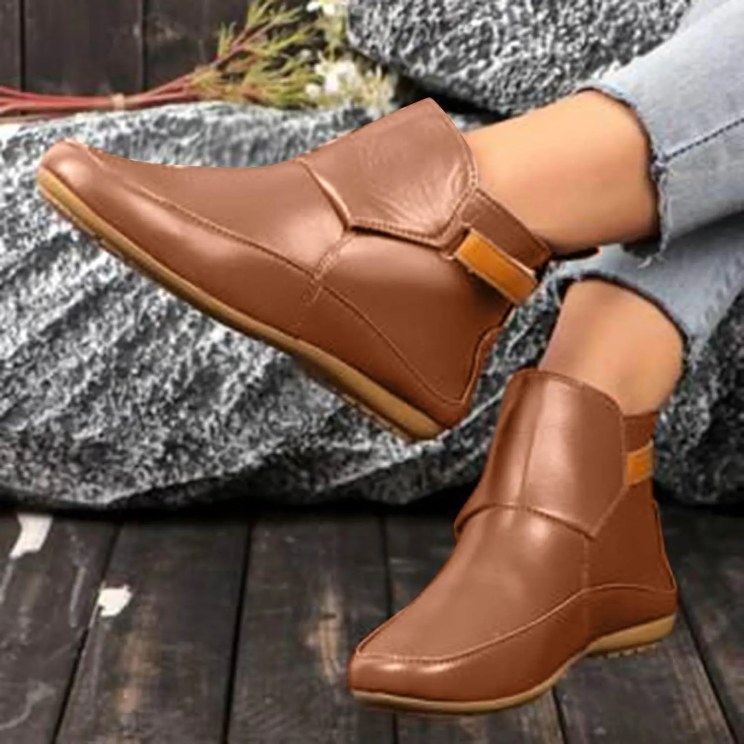Cathalem Boots for Women,Arch Support Booties Side Zip-up Vintage Leather Damping Shoes Flat Heel Booties