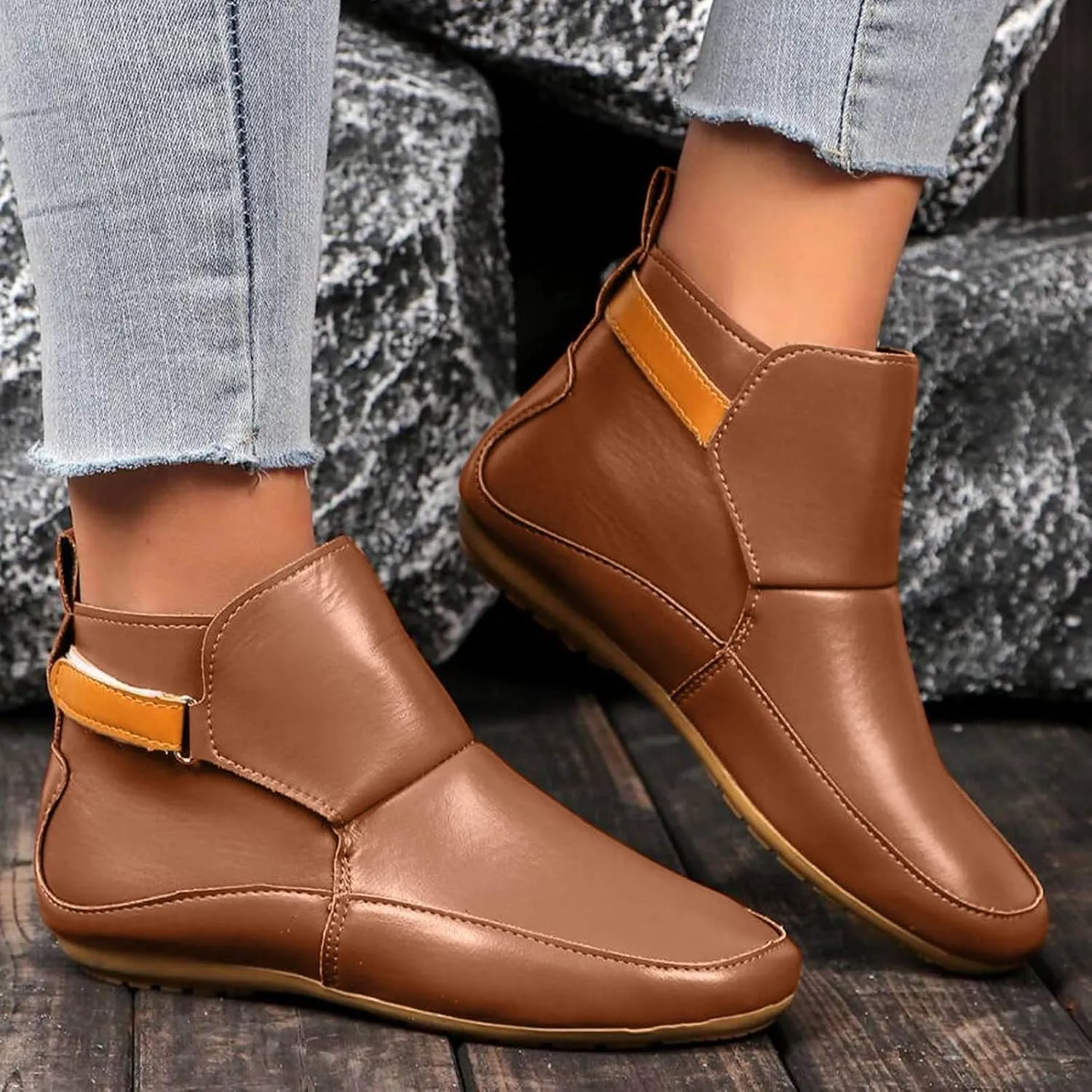 Cathalem Boots for Women,Arch Support Booties Side Zip-up Vintage Leather Damping Shoes Flat Heel Booties