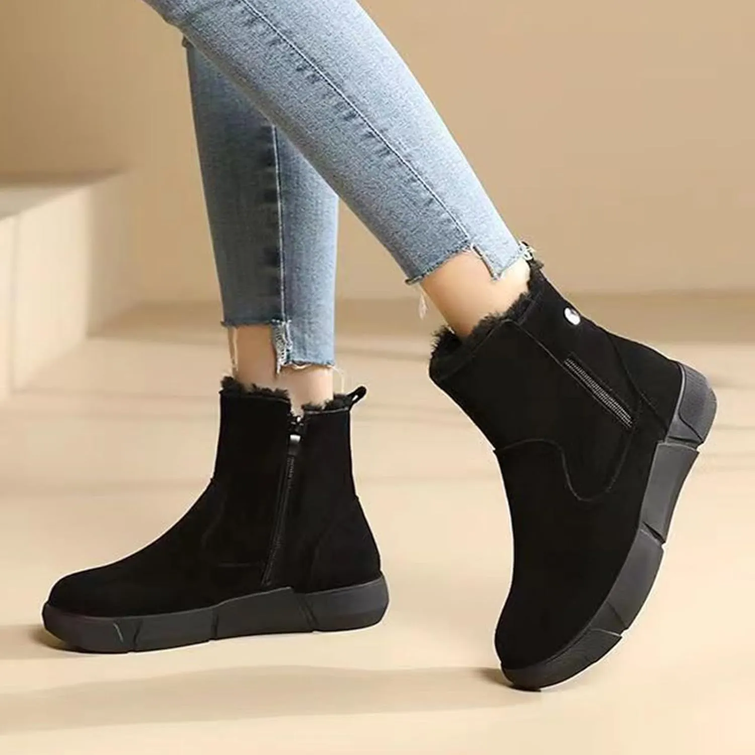 Cathalem Snow Boots Women, Women's Winter Fashion Thickened Wool Snow Boots Leather And Fleece Warm Non Slip Boots Womens