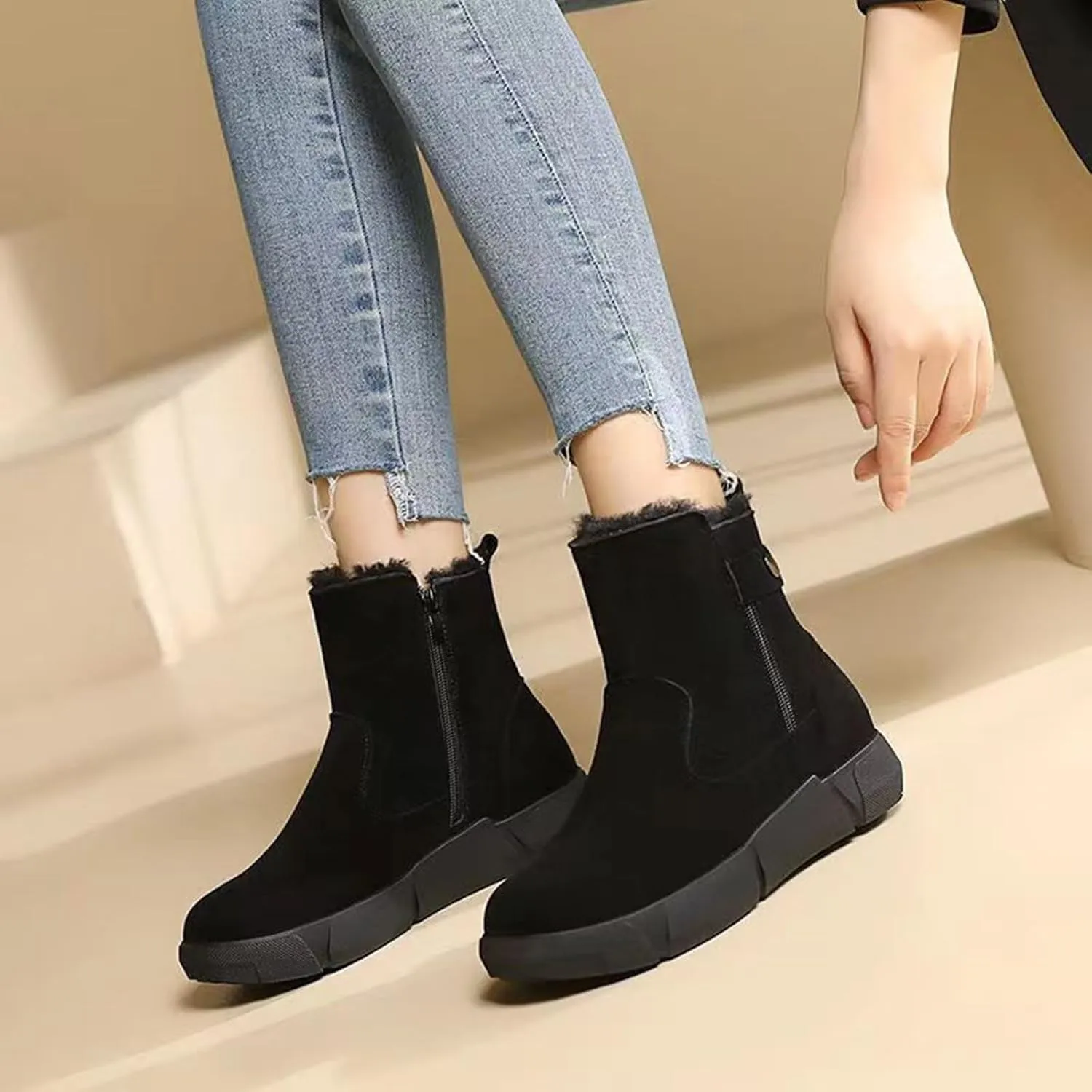 Cathalem Snow Boots Women, Women's Winter Fashion Thickened Wool Snow Boots Leather And Fleece Warm Non Slip Boots Womens