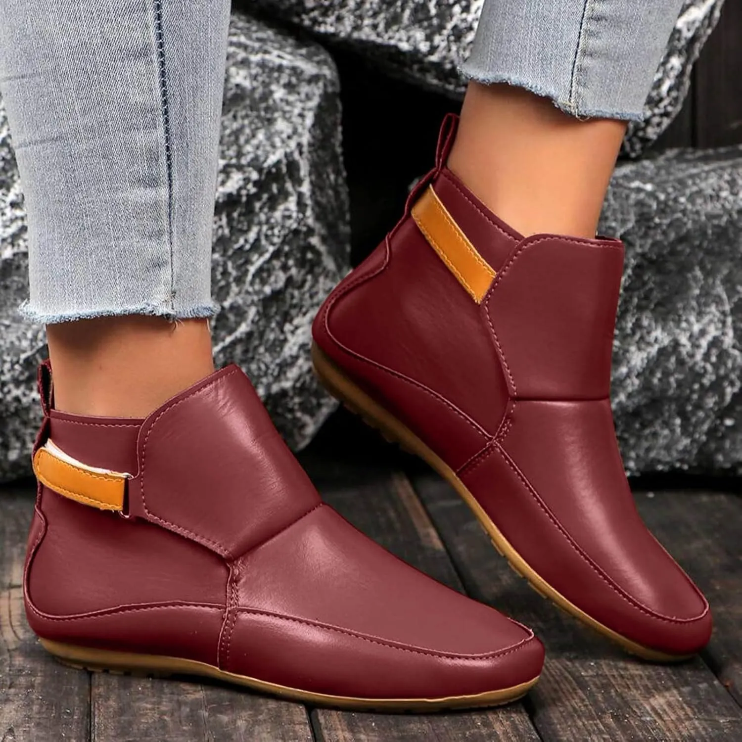 Cathalem Womens Ankle Boots, 2024 New Arch Support Booties Side Zip-up Vintage Leather Damping Shoes Flat Heel Booties