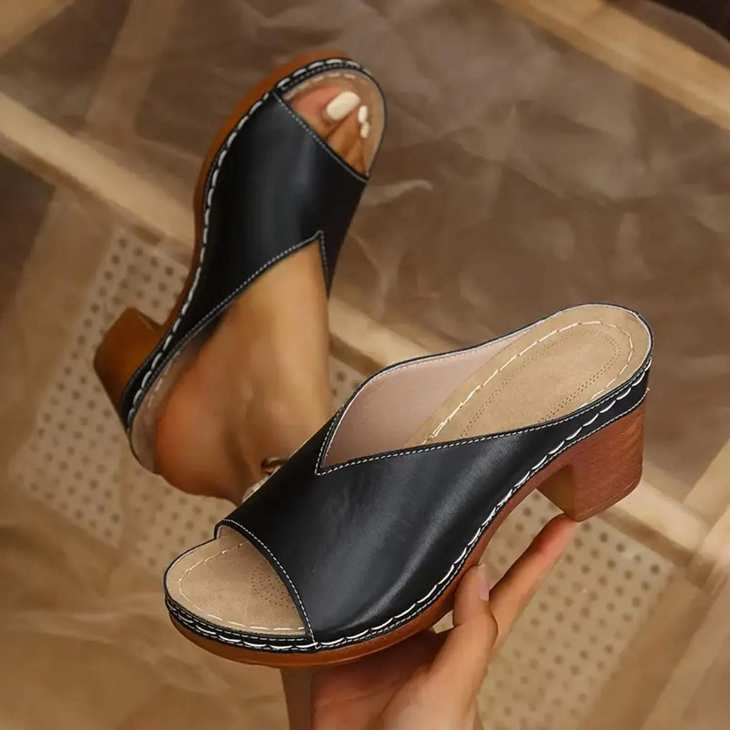 Chunky Heel Sandals for Women Summer Arch Support Orthopedic Sandals, Casual Comfortable Slip On Wedges Open Toe Slides Dressy Bridal Party Wedding Shoes