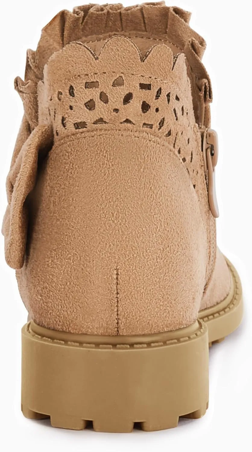 Coutgo Girls Bow Ankle Boots Ruffled Chunky Heel with Classic Side Zipper Dress Booties for Little Kids/Big Kids