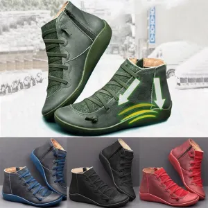 Crzidha Boots for Women with Arch Support,Comfy Wide Width Orthopedic Ankle Boots for Plantar Fasciitis Lightweight Daily Walking Work Flat Shoes Solid Leather Lace Up Side Zipper Boots