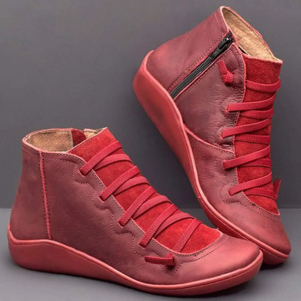 Crzidha Boots for Women with Arch Support,Comfy Wide Width Orthopedic Ankle Boots for Plantar Fasciitis Lightweight Daily Walking Work Flat Shoes Solid Leather Lace Up Side Zipper Boots