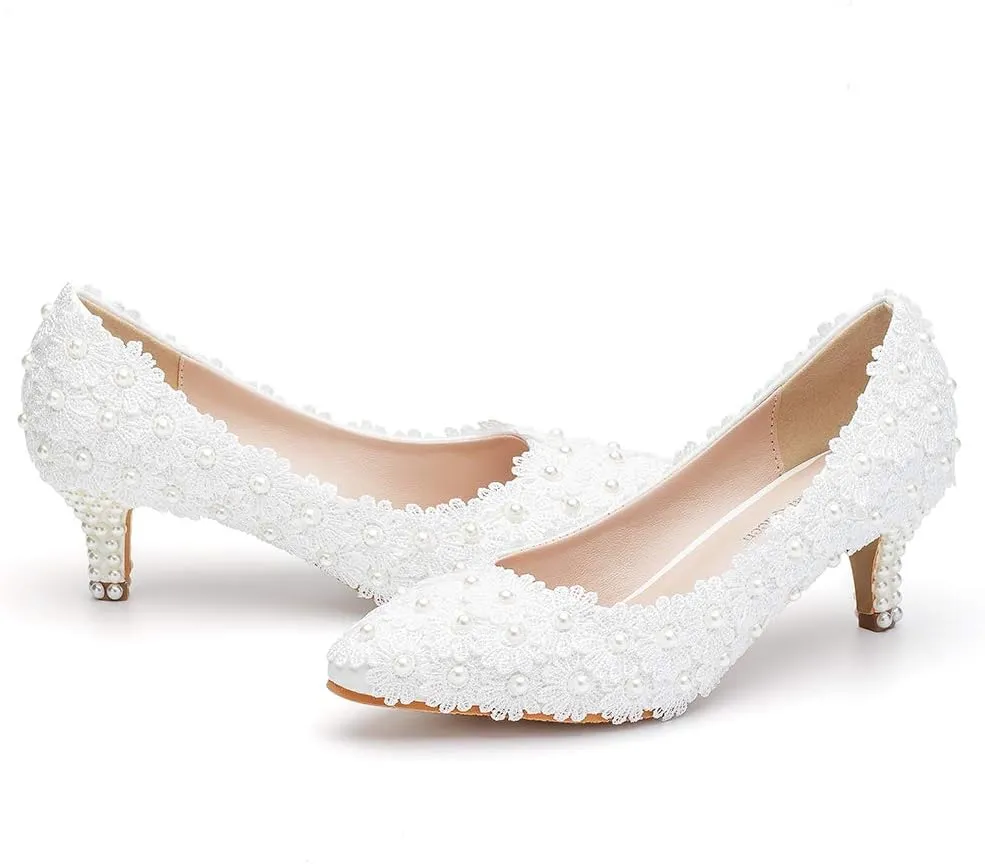 Dressfirst Women's Bridal Stiletto Heel Closed Toe Pumps with Imitation Pearl Applique,1.97"??