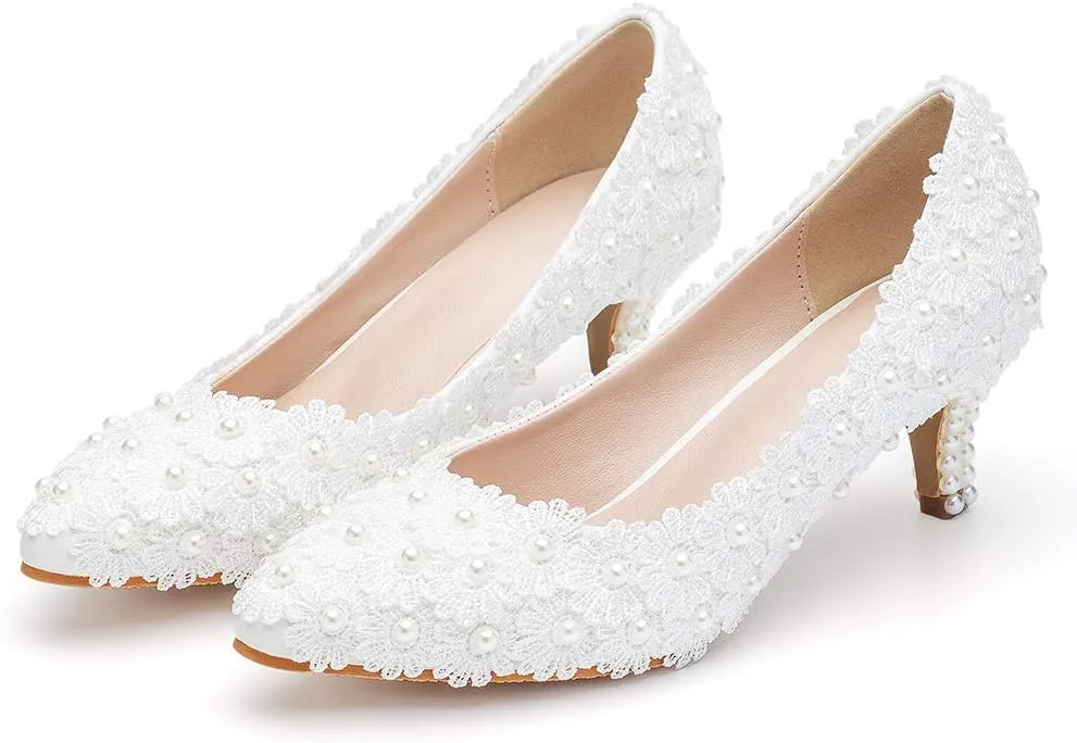 Dressfirst Women's Bridal Stiletto Heel Closed Toe Pumps with Imitation Pearl Applique,1.97"??