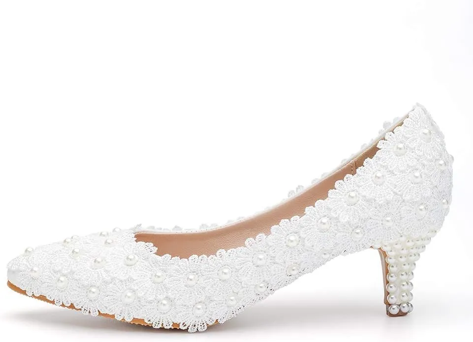 Dressfirst Women's Bridal Stiletto Heel Closed Toe Pumps with Imitation Pearl Applique,1.97"??