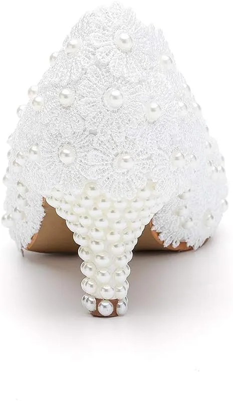 Dressfirst Women's Bridal Stiletto Heel Closed Toe Pumps with Imitation Pearl Applique,1.97"??