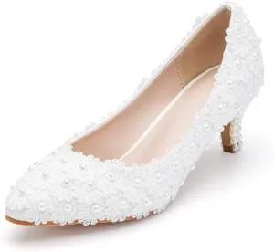 Dressfirst Women's Bridal Stiletto Heel Closed Toe Pumps with Imitation Pearl Applique,1.97"??