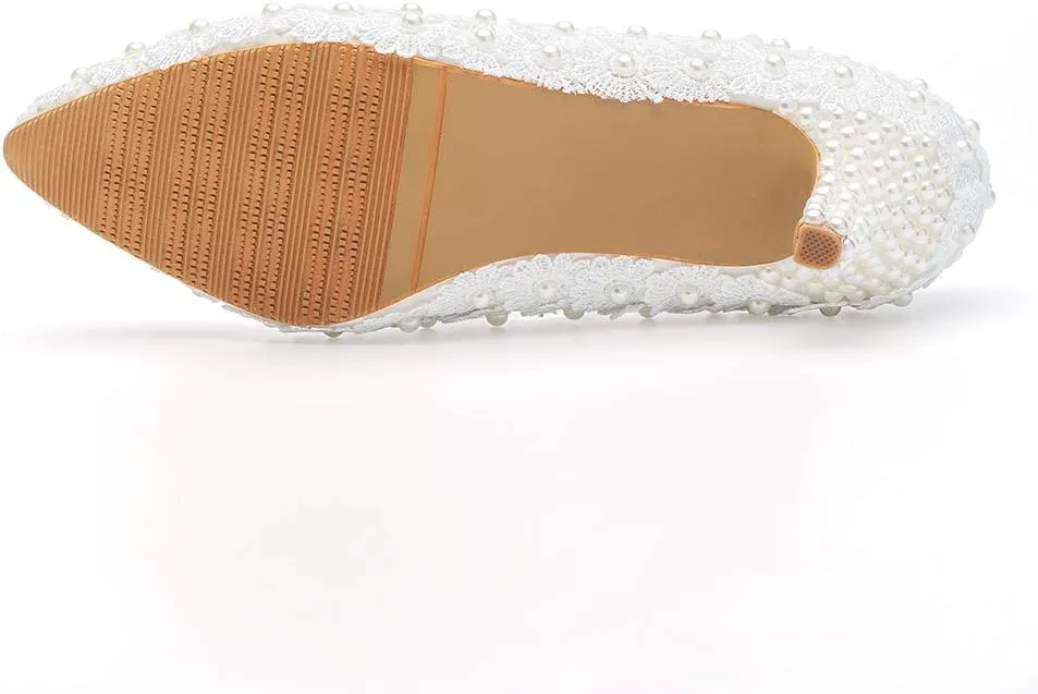 Dressfirst Women's Bridal Stiletto Heel Closed Toe Pumps with Imitation Pearl Applique,1.97"??