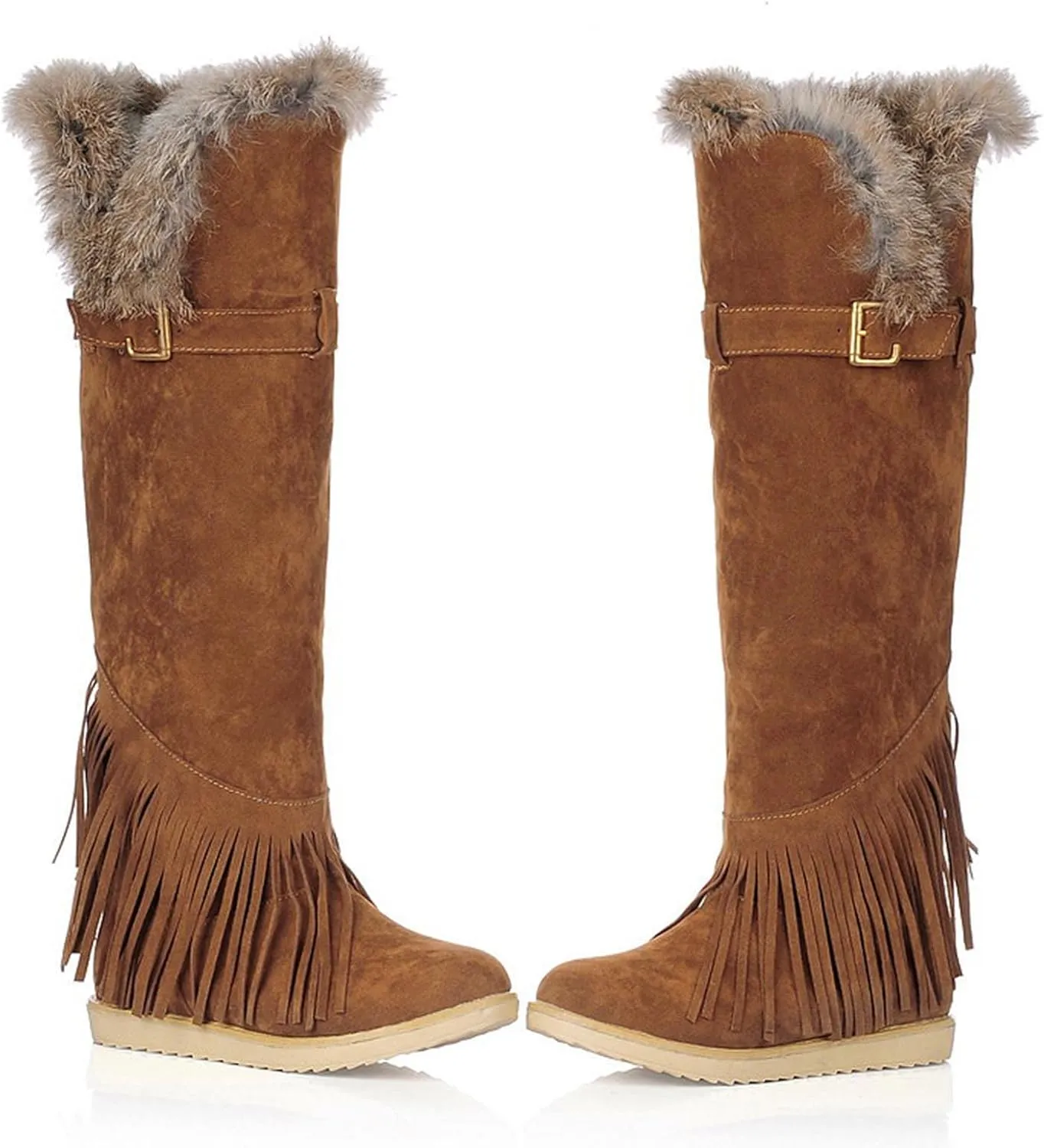 Flat Snow Boots for Women - Fashion Plush Fringed Pointed Toe Belt Buckle Slip-on Knee High Boots Winter Solid Velvet Warm Riding Boots Shoes