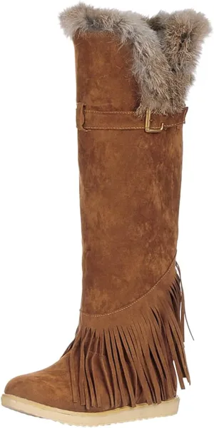 Flat Snow Boots for Women - Fashion Plush Fringed Pointed Toe Belt Buckle Slip-on Knee High Boots Winter Solid Velvet Warm Riding Boots Shoes
