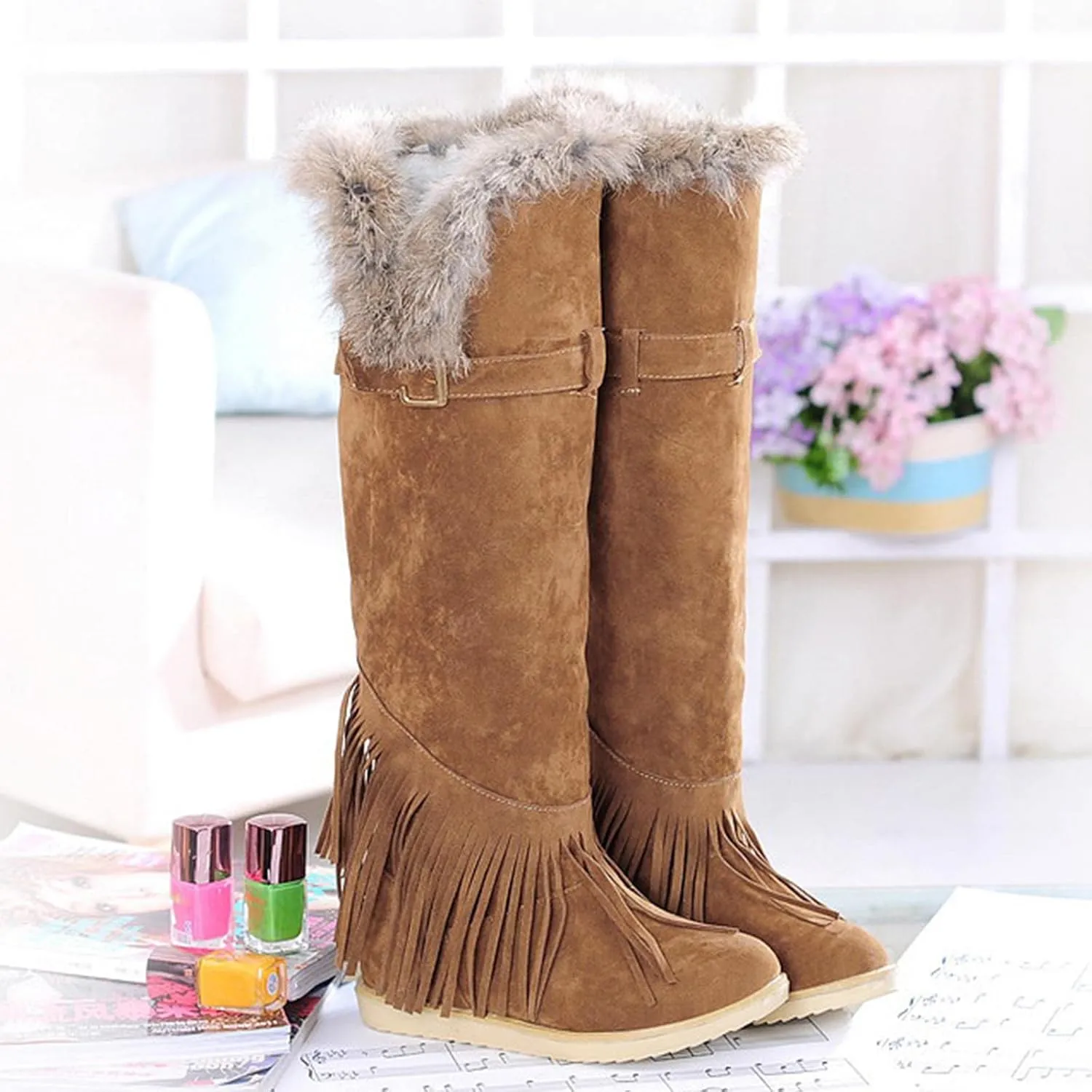Flat Snow Boots for Women - Fashion Plush Fringed Pointed Toe Belt Buckle Slip-on Knee High Boots Winter Solid Velvet Warm Riding Boots Shoes