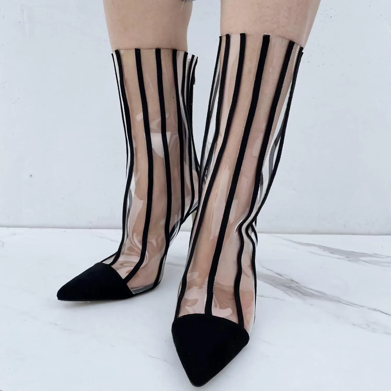 Frankie Hsu Stiletto High Heeled Ankle Boots, Sexy Clear Transparent PVC Black Sock Thin Bootie, Large Big Size Fashion Designer Heel Dressy Short Boot For Women