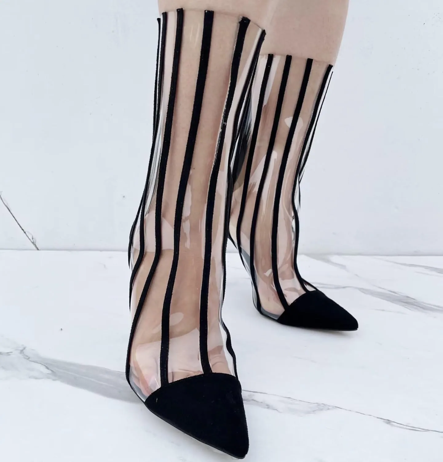 Frankie Hsu Stiletto High Heeled Ankle Boots, Sexy Clear Transparent PVC Black Sock Thin Bootie, Large Big Size Fashion Designer Heel Dressy Short Boot For Women