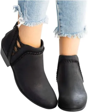 Gibobby Ankle Booties for Women Low Heel,Women's Ankle Booties Retro V Cutout Short Warm Boots Closed Toe Low Heel Combat Style Western Shoes Black