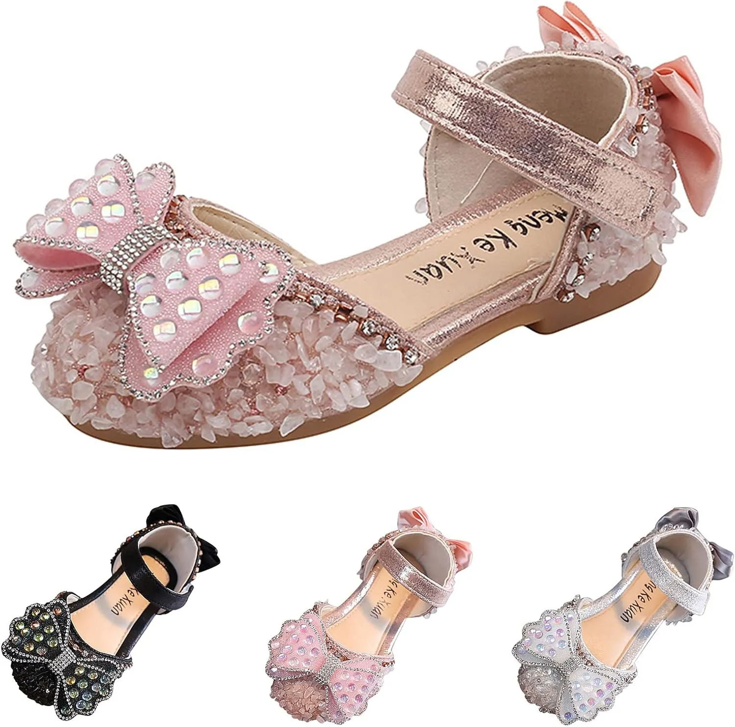 Girls Mary Jane Ballerina Shoes Kids Toddler Flower Girl Rhinestones Cute Bowknot Wedding Party Strap Dress Shoes
