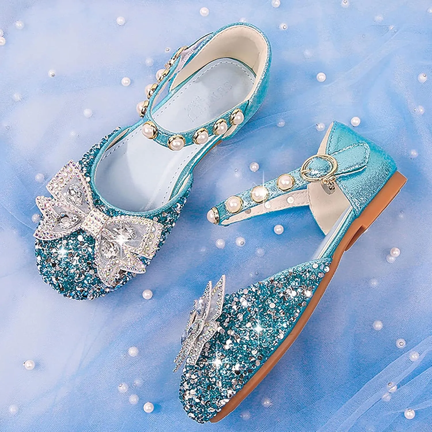 Girls Rhinestone Dress Shoes Glitter Sequins Closed Toe Party Wedding Flower Little Girl Kids Crystal Slippers