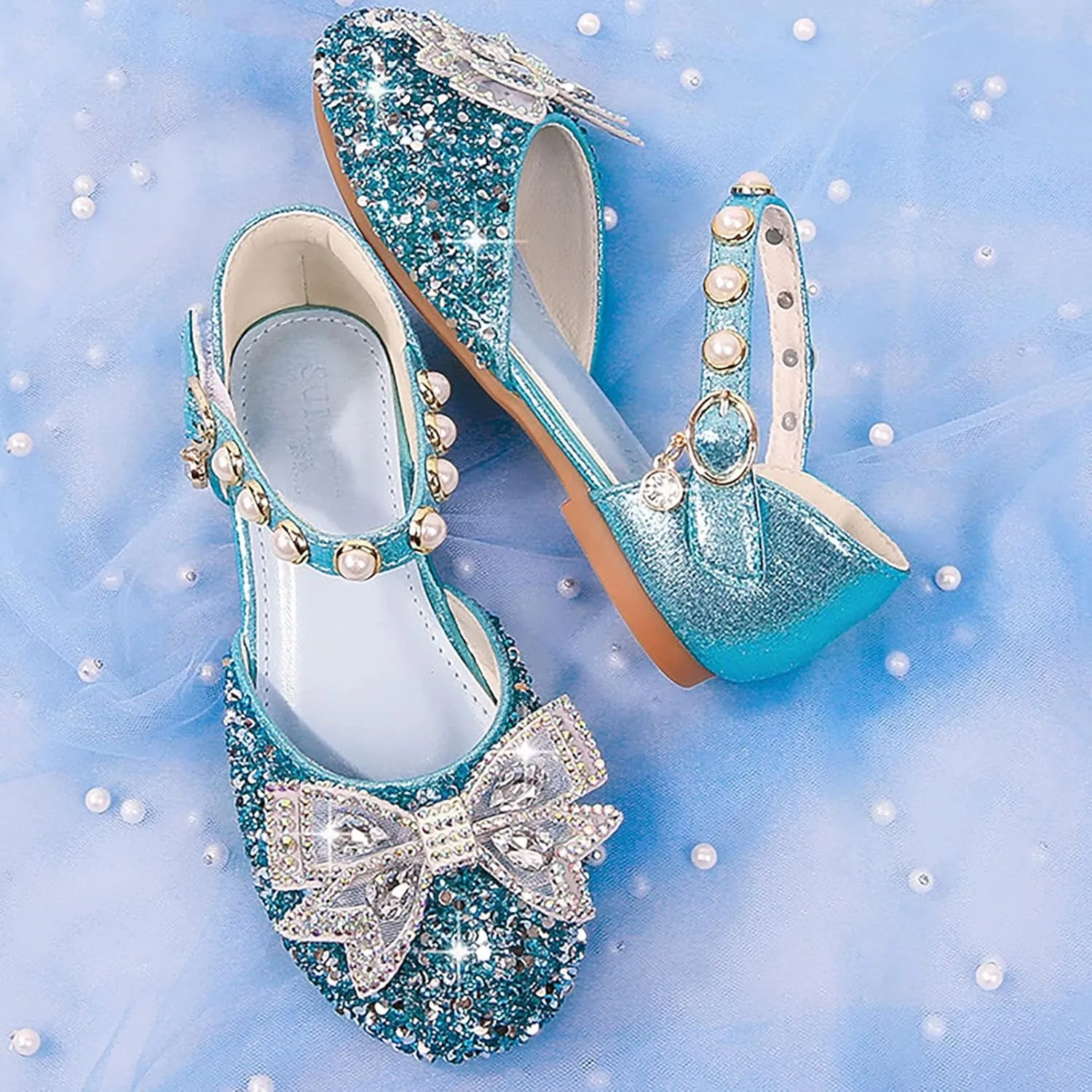 Girls Rhinestone Dress Shoes Glitter Sequins Closed Toe Party Wedding Flower Little Girl Kids Crystal Slippers