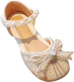 Girls Sparkly Princess Dress Shoes Toddler Kids Pearl Bow Wedding Party Ballet Flats Flower Bridesmaids Mary Jane