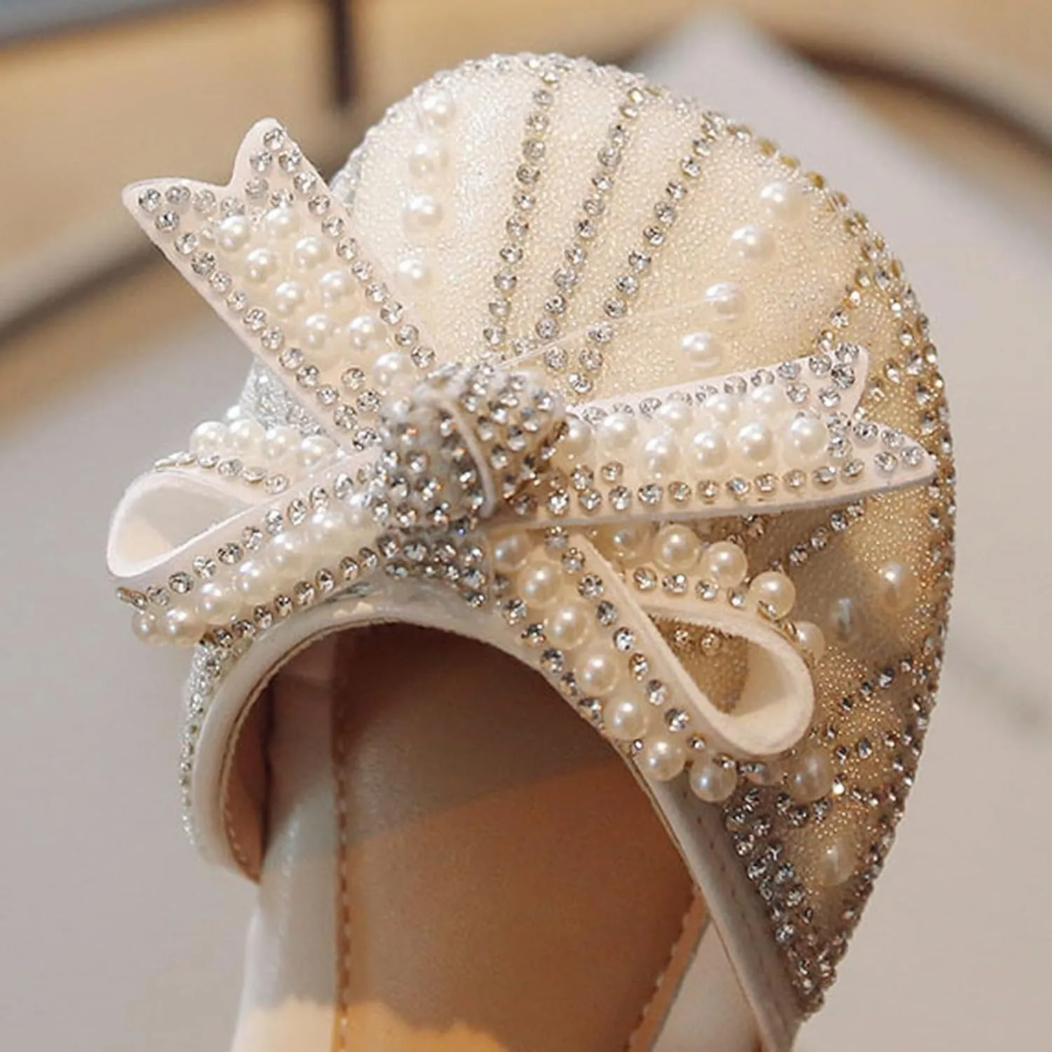 Girls Sparkly Princess Dress Shoes Toddler Kids Pearl Bow Wedding Party Ballet Flats Flower Bridesmaids Mary Jane