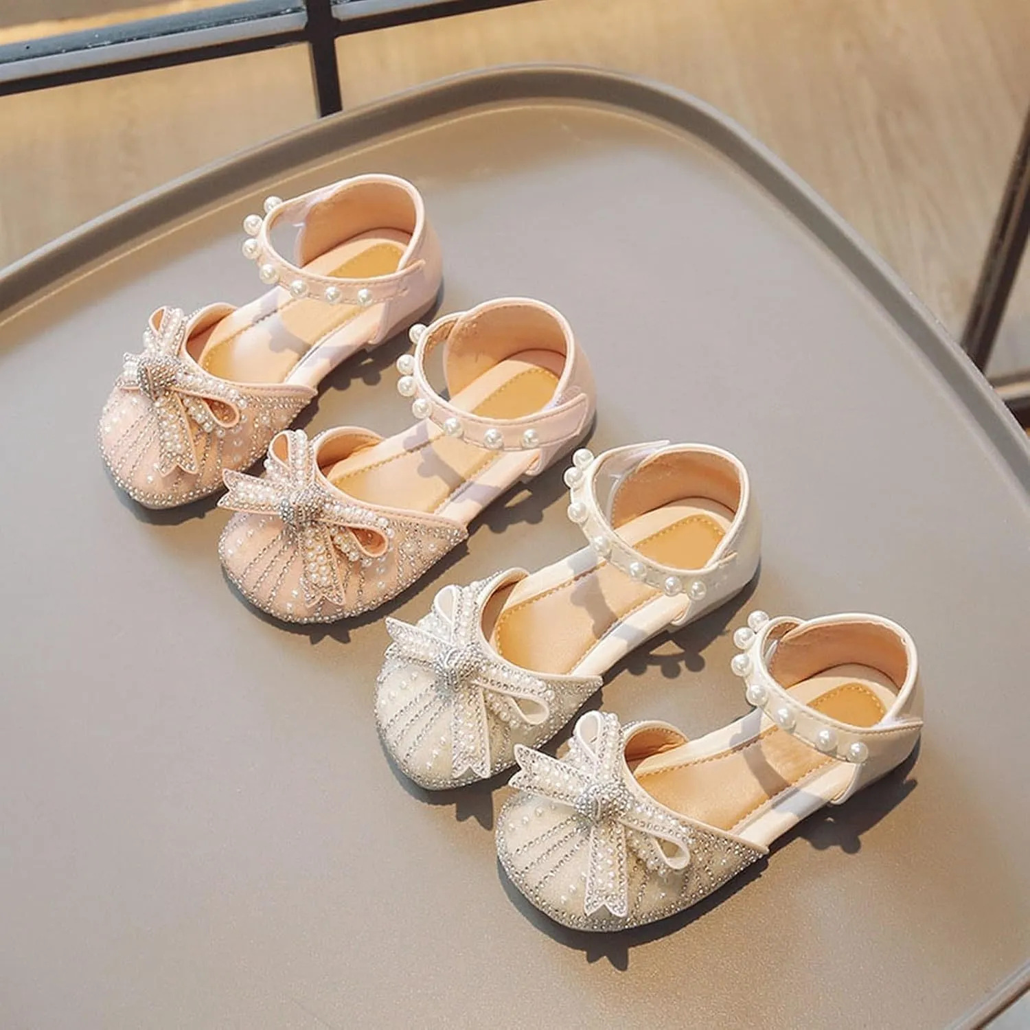 Girls Sparkly Princess Dress Shoes Toddler Kids Pearl Bow Wedding Party Ballet Flats Flower Bridesmaids Mary Jane