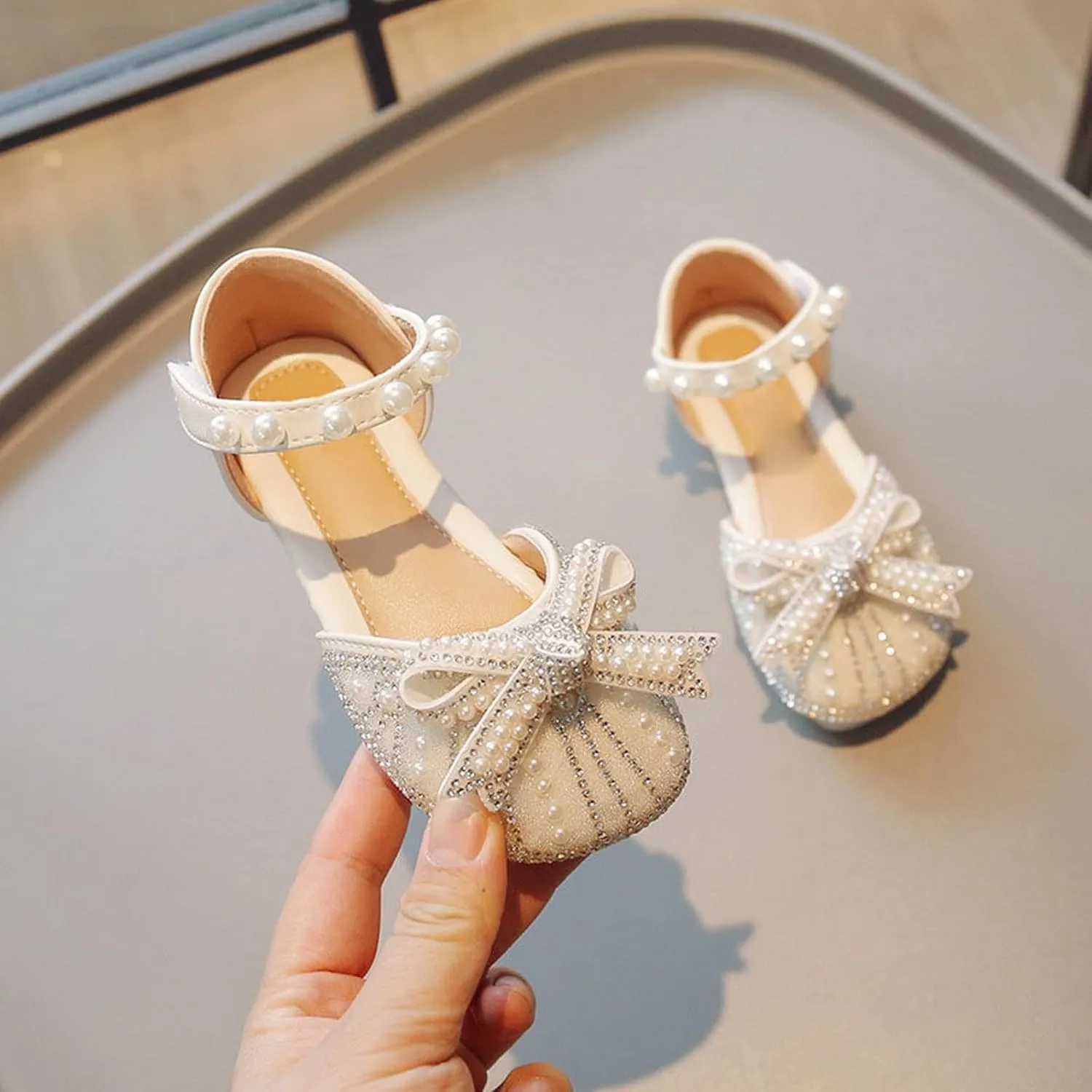 Girls Sparkly Princess Dress Shoes Toddler Kids Pearl Bow Wedding Party Ballet Flats Flower Bridesmaids Mary Jane
