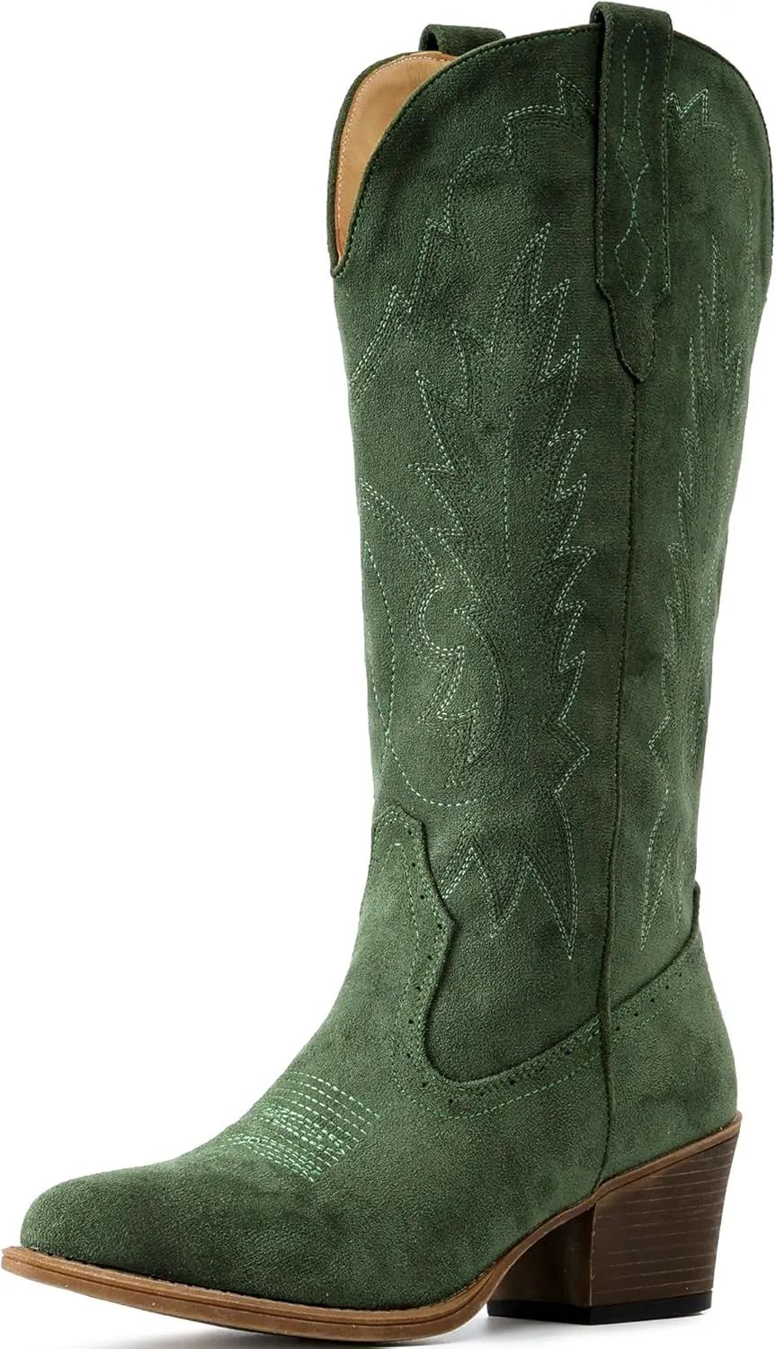 IUV Suede Cowboy Boots for women- Western Pointed Toe, Mid Calf Pull-On Boots