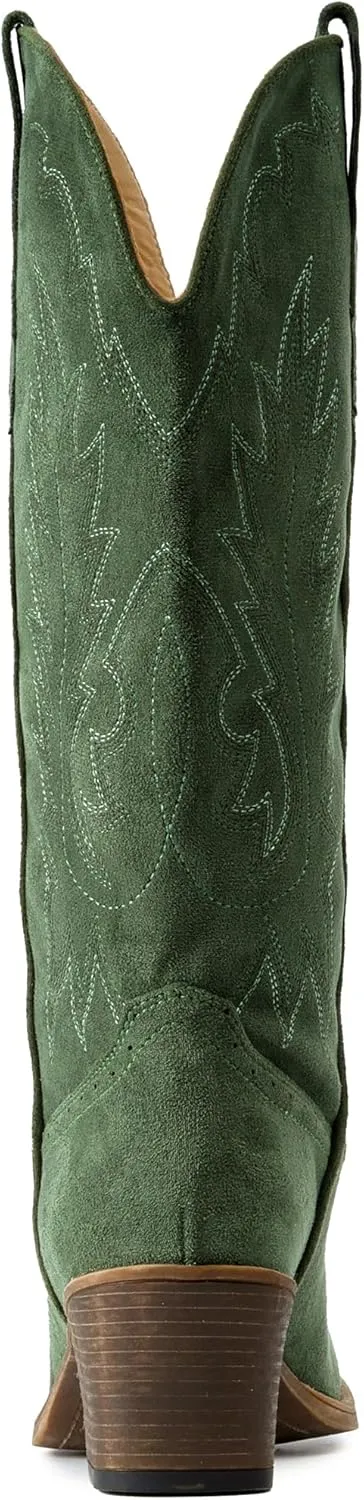 IUV Suede Cowboy Boots for women- Western Pointed Toe, Mid Calf Pull-On Boots