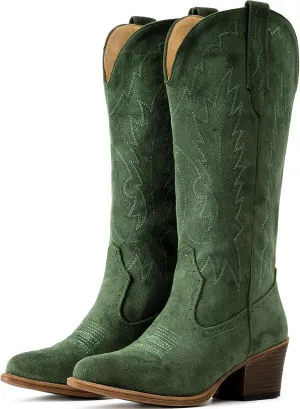 IUV Suede Cowboy Boots for women- Western Pointed Toe, Mid Calf Pull-On Boots