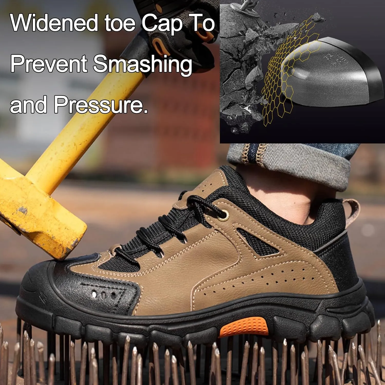 Men's Waterproof Platform Lace up Steel Toe Shoes Comfort Cap Toe Lug Sole Outdoor Construction Work Shoes Leather Breathable Walkings