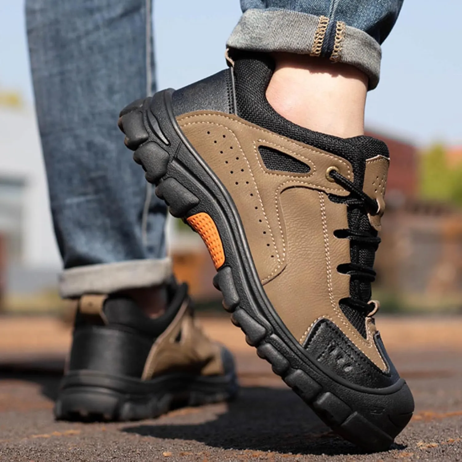Men's Waterproof Platform Lace up Steel Toe Shoes Comfort Cap Toe Lug Sole Outdoor Construction Work Shoes Leather Breathable Walkings