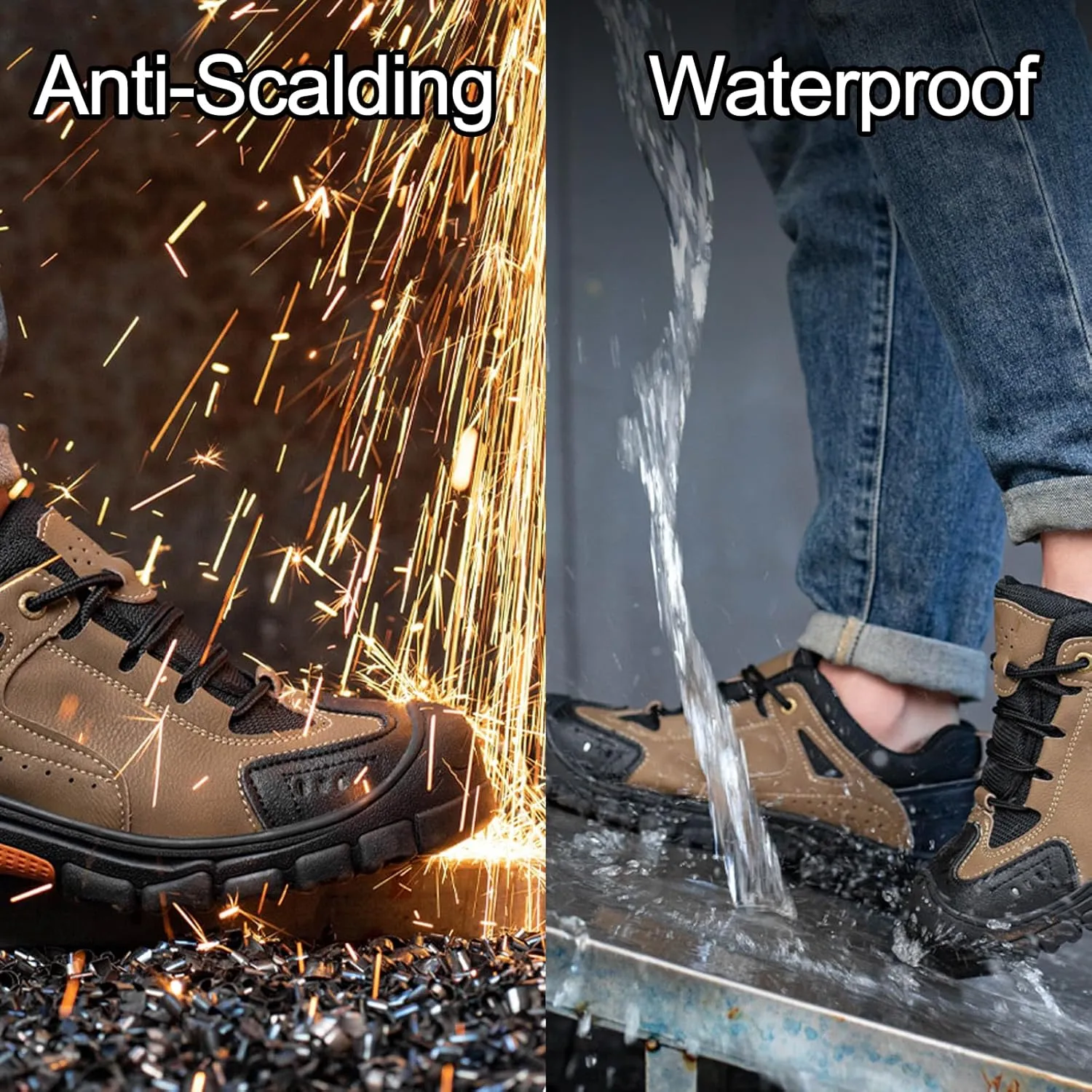 Men's Waterproof Platform Lace up Steel Toe Shoes Comfort Cap Toe Lug Sole Outdoor Construction Work Shoes Leather Breathable Walkings