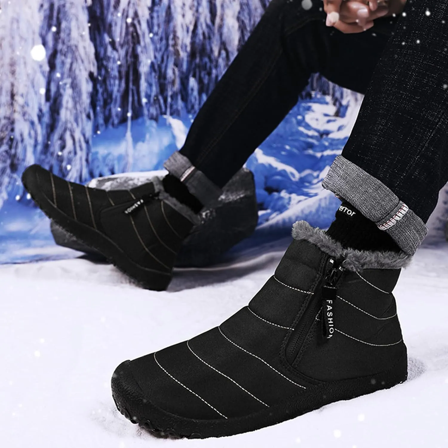 Men's Waterproof Snow Ankle Boots Winter Fur Lined Warm Zipper Closure One-Step Anti-Slip Outdoor Ankle Boots Mountaineering Hiking Warm Ankle Boots