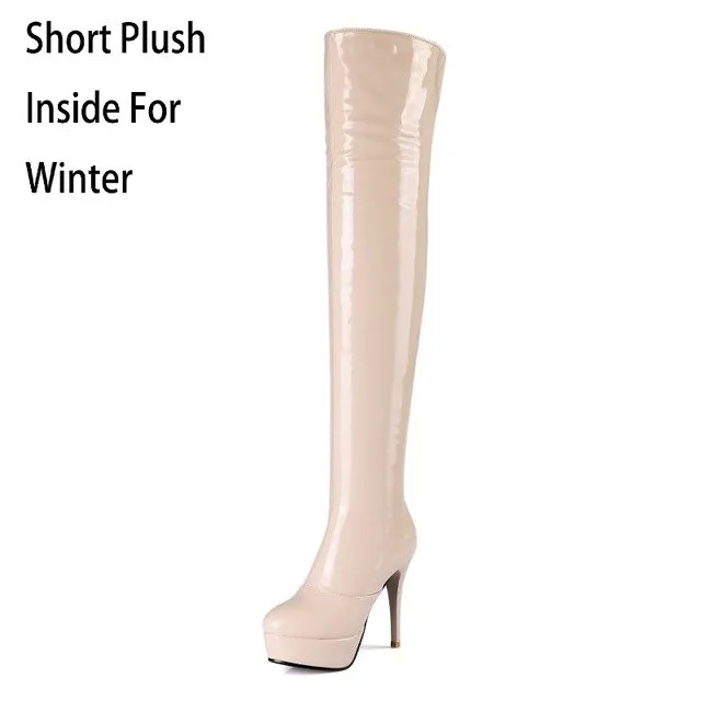 New Arrival Winter Patent Leather Zip Pointed Toe Thin Heel Long Boots Short Plush  Women Over The Knee Boots