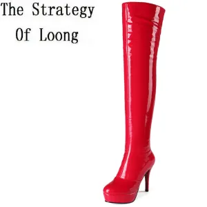 New Arrival Winter Patent Leather Zip Pointed Toe Thin Heel Long Boots Short Plush  Women Over The Knee Boots