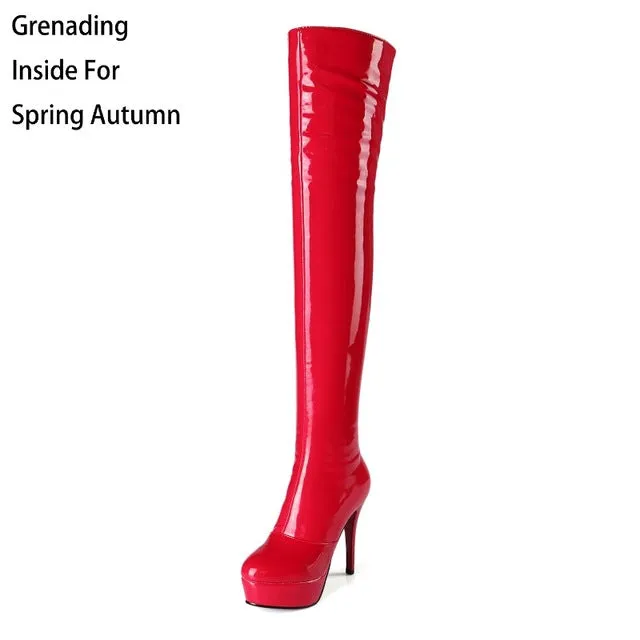 New Arrival Winter Patent Leather Zip Pointed Toe Thin Heel Long Boots Short Plush  Women Over The Knee Boots