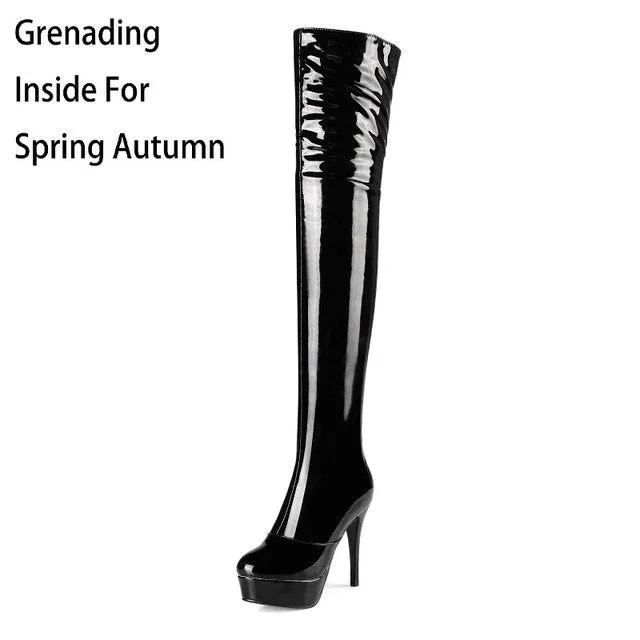 New Arrival Winter Patent Leather Zip Pointed Toe Thin Heel Long Boots Short Plush  Women Over The Knee Boots