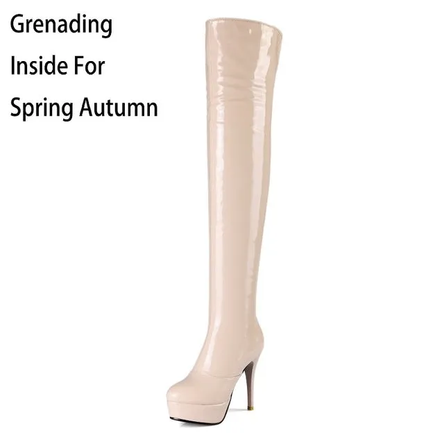 New Arrival Winter Patent Leather Zip Pointed Toe Thin Heel Long Boots Short Plush  Women Over The Knee Boots